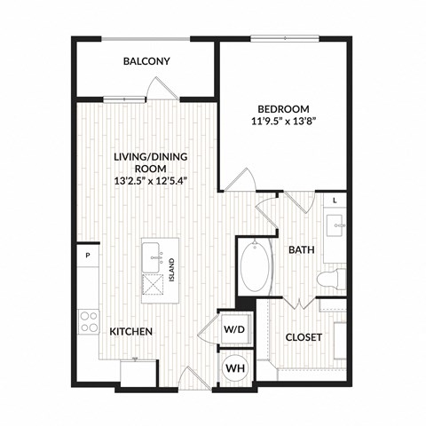 Floor plan for 1 bed, 1 bath, 724 sqft